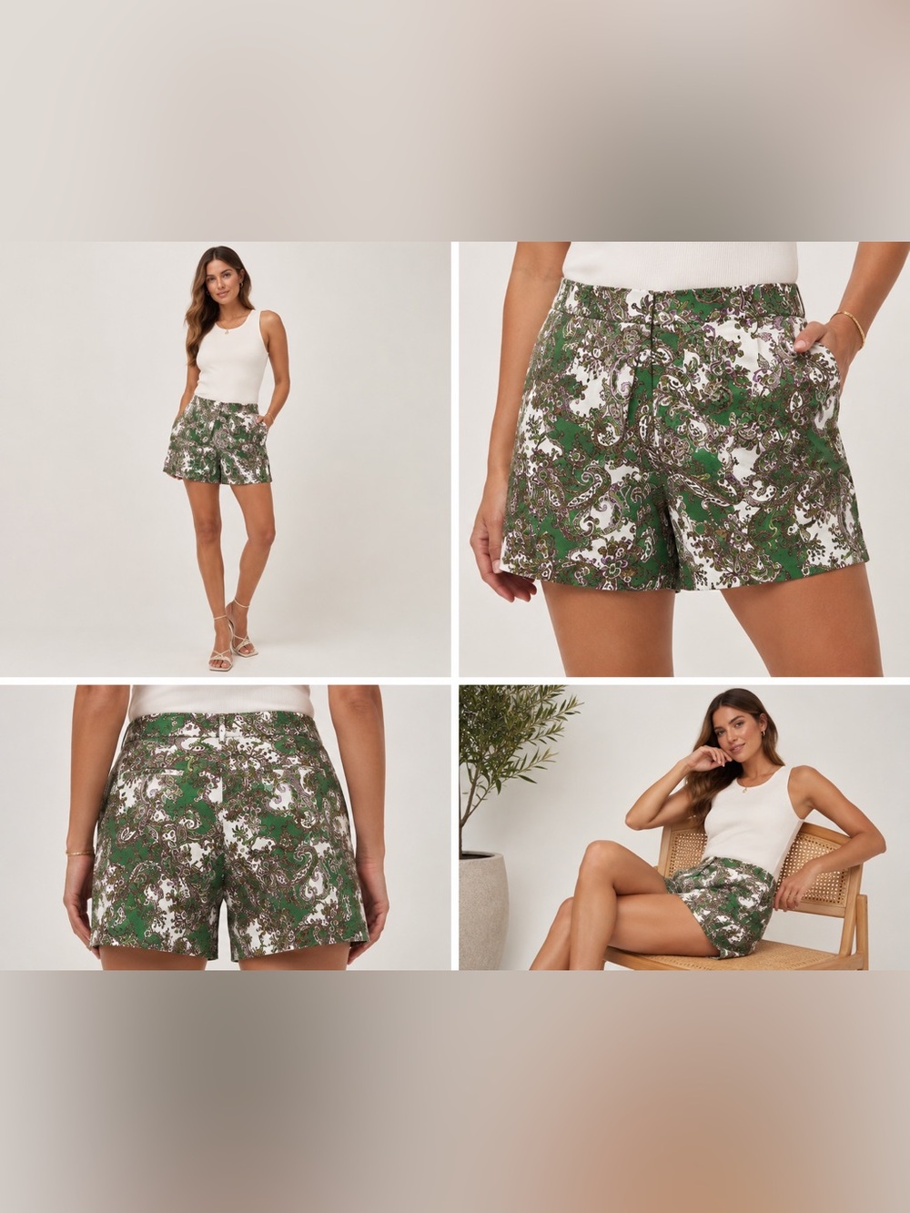 NWT L’AGENCE Paisley Print Tailored Shorts Green Purple Cotton Stretch Size S